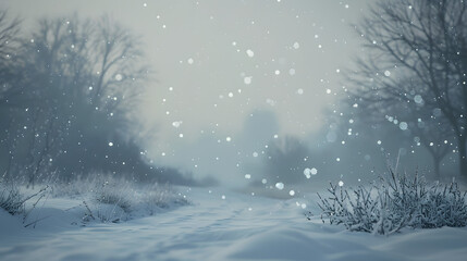 Fototapeta premium delicate snowflakes gently falling from a soft, overcast sky, blanketing a serene, untouched landscape with a pristine layer of white snow. 