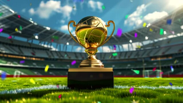 gold cup champion football in stadium with confetti celebrate for the winner of competition video looping background 4k