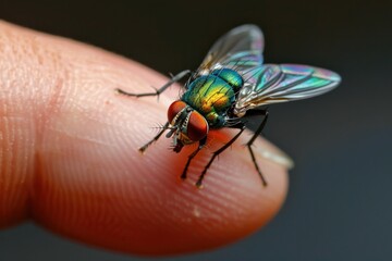 Fototapeta premium A close up of a bee on a finger. The bee is yellow and black. Concept of curiosity and wonder about the insect