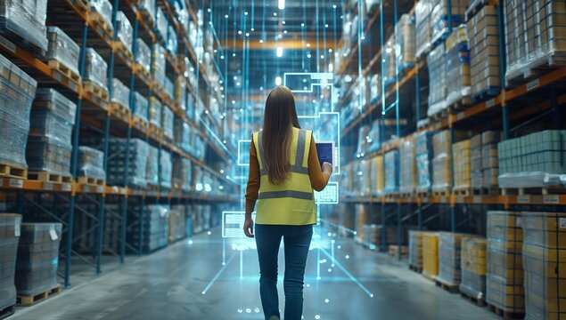 A female warehouse worker efficiently uses modern AR technology for inventory management in a hightech environment. This innovative approach ensures productivity and safety in the logistics industry