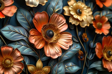 Elegant 3D rendering of metallic flowers with intricate petals, showcasing a vibrant mix of colors and textures on a dark background.