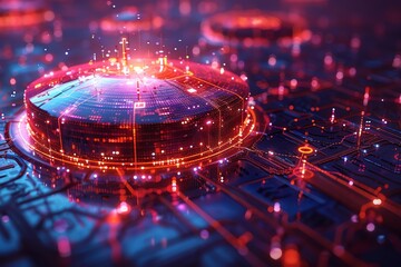 Futuristic digital circuitry with glowing red and purple lights representing advanced technology and AI. Ideal for tech and innovation concepts.