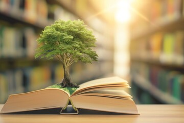 In the library, a tree grows from an open book symbolizing the fusion of knowledge and nature, reflecting wisdom. It signifies the connection between education and the environment