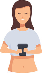 Happy woman holding mobile phone with both hands smiling looking forward