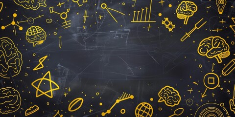 A classroom is enhanced by a sciencethemed chalkboard decorated with brain illustrations, molecular structures, atoms, and formulas, creating a stimulating educational atmosphere