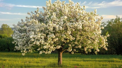 Naklejka premium Stunning blossoming white apple tree during the spring season