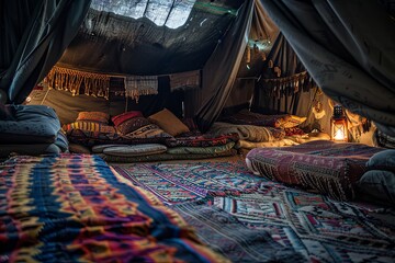 A view inside a Bedouin tent, showing a cozy and comfortable living space with colorful rugs and pillows. Generative AI