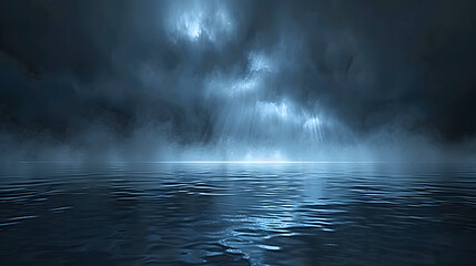Fototapeta premium Abstract dark blue background with fog and glowing light rays on the water surface. empty scene for product presentation 