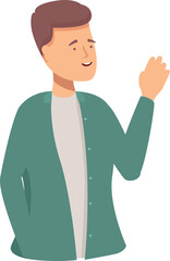 Young man is waving his hand and smiling, conveying a friendly greeting