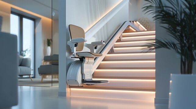 A sleek black and white stair lift chair installed on a wooden staircase in a modern living room, enhancing accessibility for elderly or disabled individuals.