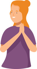 Young woman is clapping her hands together in a gesture of appreciation and gratitude
