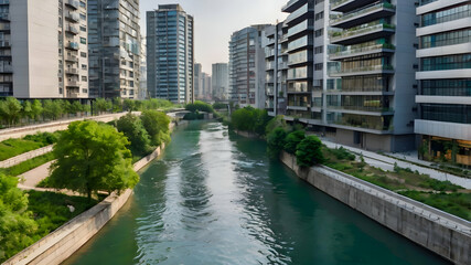 A clean river flowing through an urban area with eco-friendly buildings on the banks