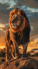 Lion standing on a rock with a cloudy sky at dawn