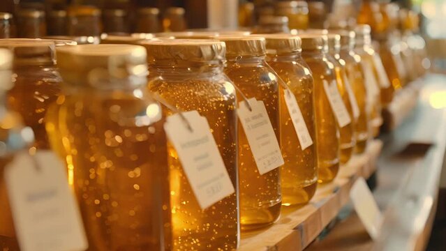 Glistening jars of pure golden honey with delicate handmade labels denoting each unique harvest.