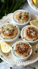 Delicious Gourmet Seafood Appetizer in Small Ramekins with Fresh Lemon Wedges and Parsley on Elegant White Plate