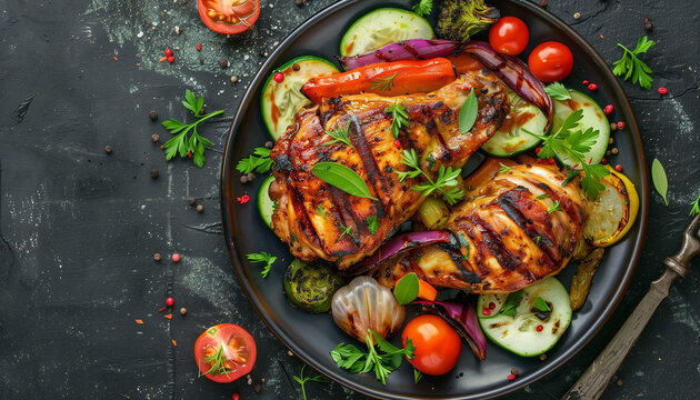 Top View Of Grilled Chicken Plate With Vegetables On Dark Background - Delicious And Nutritious Meal Presentation For Food Photography.