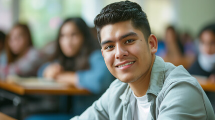 Obraz premium Latino male college student sitting a classroom smiling, student study in class, with copy space. lifestyle
