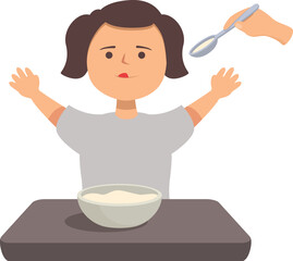 Little girl refusing food raising her arms at the table with a nurse trying to feed her