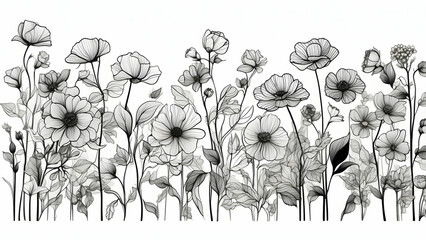 Obraz premium Black and white illustration of various flower species with intricate details in a line art style