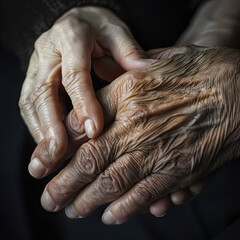 Fototapeta premium Two hands touch showing age and experience. Generated by AI