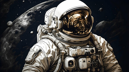 Detailed artwork of an astronaut floating in space with asteroids and space debris around
