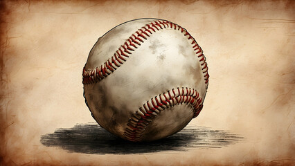 A textured close-up of an old, used baseball with visible stitching and scuffs on a vintage-looking background