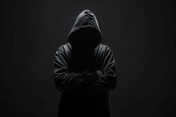 Silhouette of man in hoodie standing with arms crossed against dark background,