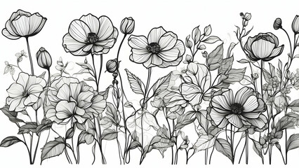 Naklejka premium A detailed black and white illustration showcasing a selection of beautiful flowers and foliage