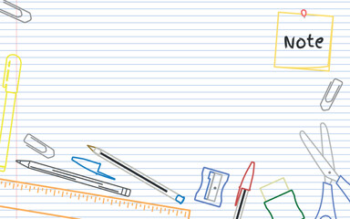 School Layout - Colored Outline Drawings of School Supplies on Notebook Paper - Ruler, Pencil, Pen, Sharpener, Eraser, Post It, Scissors, Marker and Clips. Rectangle Shape.