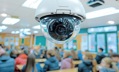 Close-up of a surveillance camera in a classroom, with students during a lesson, security themes