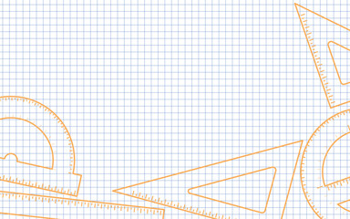 School Layout - Outline Drawings of Different Types of Rulers on Squared Paper Sheet - 30 Centimeters, Triangle Squares, Protractor 180 and 360 Degrees. Rectangle Shape.