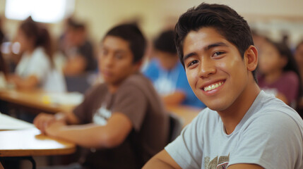 Latino male college student sitting a classroom smiling, student study in class, with copy space. lifestyle