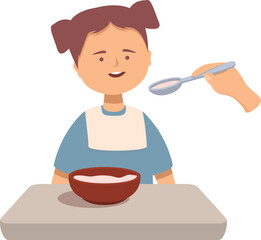 Happy toddler girl sitting at table and eating porridge from spoon. Woman feeding baby with spoon