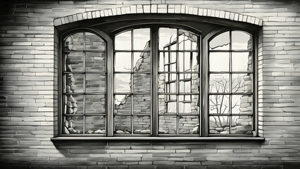 Detailed image showcasing a broken window set in an aged brick wall, symbolizing abandonment