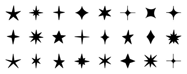 Stars and sparkles doodle set. Twinkle, blink, firework, glitter silhouette and glowing symbols in sketch style. Hand drawn vector illustration isolated on white background