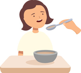 Young patient is being fed a spoonful of food by a nurse while sitting at a table