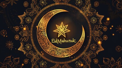 Obraz premium A gold and black design with a crescent moon and star in the center, Eid Mubarak - Arabic holiday greeting phrase