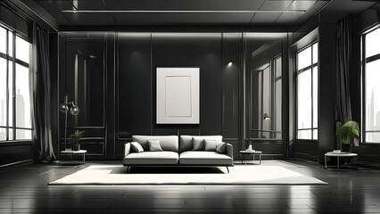 An elegant, modern digital illustration depicting a sophisticated black living room with stylish furnishings