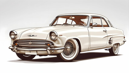 A retro-inspired illustration of a pristine white vintage car with chrome details