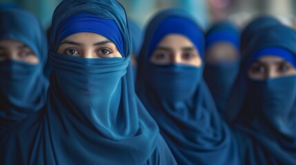 Naklejka premium A group of women wearing blue veils stand together