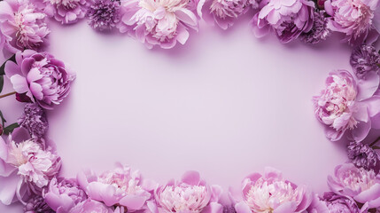 A refined arrangement of lilac purple peonies forming a border on a pale lilac background