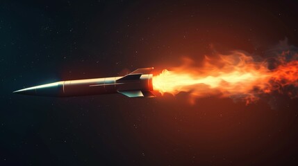 Fototapeta premium A rocket is flying through space with a bright orange flame trailing it, military missile