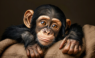 A cute baby chimpanzee resting its head on a blanket, gazing curiously with big, expressive eyes.