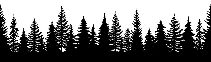 Obraz premium Forest silhouette, seamless forest silhouette border, illustration of a christmas tree, pine trees, dense pine forest, vector illustration.
