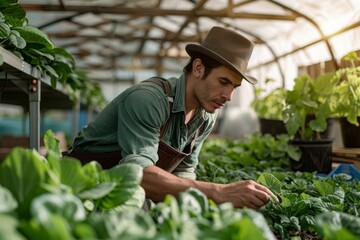 Farmer checking hydroponic plants in greenhouse, illustrating modern farming methods