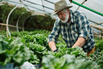 Obraz premium Farmer checking hydroponic plants in greenhouse, illustrating modern farming methods