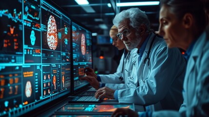High tech medical lab scene with three doctors in white coats examining an advanced digital brain display