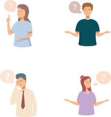 Fototapeta premium Illustration of diverse individuals pondering with question marks, symbolizing inquiry and bewilderment