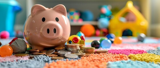 Small piles of coins on a child piggy bank