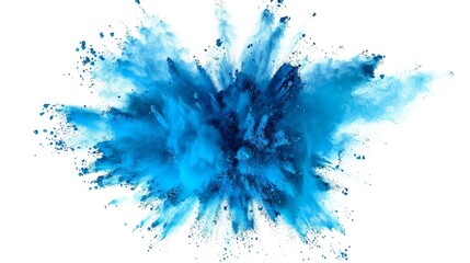 Dynamic blue powder explosion on a white background, capturing the energetic burst and vibrant colors. This abstract art piece is ideal for creative design projects and visual effects.
